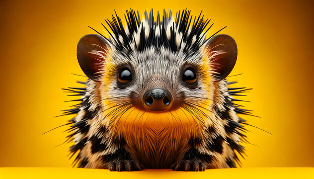 A close-up frontal view of a lowland streaked tenrec on a yellow background