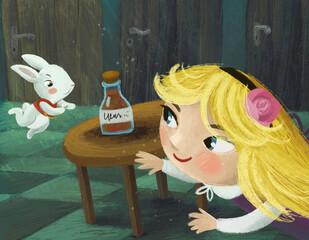 cartoon scene in the hidden room of some castle like house with lots of doors and round table and golden key with girl child and rabbit bunny illustration for children