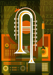 Jazz music festival poster. Bright retro cover with trumpet or trombone and music player. Vintage design element for flyer or invitation to music party or event. Cartoon flat vector illustration
