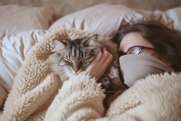 Young woman and fluffy cat share serene nap under a soft blanket. Heating in winter, cold in the house. Cozy Nap with Fluffy Cat. Pets cozy homes