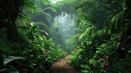 Jungle background. A beautiful path through the impenetrable jungle. Mysterious impenetrable jungle overgrown with exotic plants. Background. Tropical paradise. Generative AI