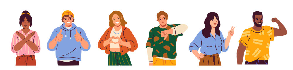 Obraz premium Set of people showing different gestures. Men and women express emotions using hand signs and body language. Thumbs up, peace and heart. Cartoon flat vector illustrations isolated on white background