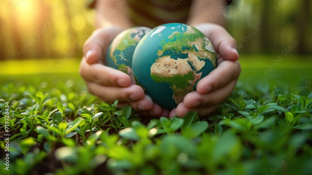 Wall mural A person holding a globe in their hands on top of green grass, AI