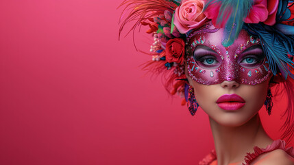 Brazilian carnival and festival.  Woman in vibrant masquerade mask with feathers and flowers against red background