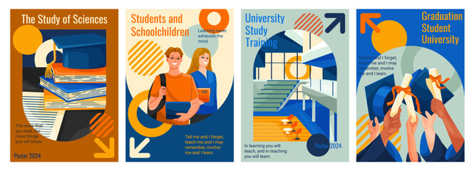 Set of back to school posters. Education, learning and study. Covers with university students, college interior, books and graduates. Cartoon flat vector illustrations isolated on white background - obrazy, fototapety, plakaty