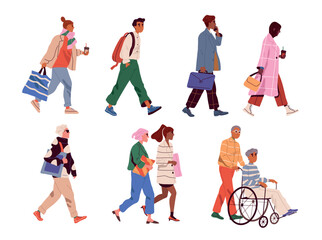 Side view of different walking people. Men and women in stylish casual clothes go to work or university. Hurrying characters. Cartoon flat vector illustration set isolated on white background