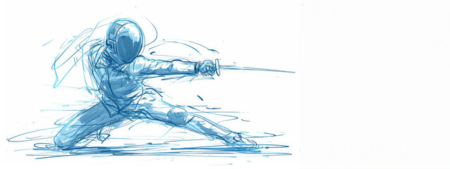 Watercolor sketch of a fencer in a lunge, the blue tones conveying the calm focus and precision of fencing at the Summer Olympics in Paris.