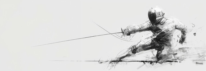 A fencer in a poised attack stance, the motion captured in a fluid black and white sketch, highlighting the finesse of fencing at the Summer Olympics. - obrazy, fototapety, plakaty