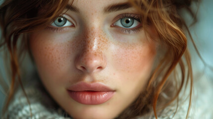 Extreme closeup of a fashion model with auburn hair and a flawless complexion. Skin care and cosmetics. - obrazy, fototapety, plakaty