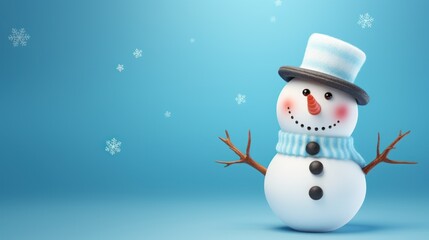 Fototapeta premium Funny white jolly snowman wearing a hat on blue pastel background. AI generated image