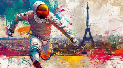 A vibrant illustration of a fencer lunging forward with a foil, with the Eiffel Tower backdrop, capturing the dynamic essence of fencing at the Summer Olympics in Paris.