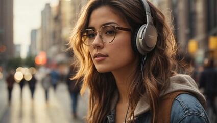 Woman Wearing Headphones on City Street Experiencing Music. Generative AI. - obrazy, fototapety, plakaty
