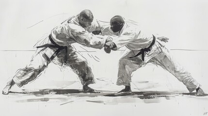 Sketch of two karatekas engaged in a focused combat, illustrating the power and precision that karate will bring to the Summer Olympics in Paris.