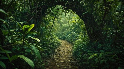 Jungle background. A beautiful path through the impenetrable jungle. Mysterious impenetrable jungle overgrown with exotic plants. Background. Tropical paradise. Generative AI