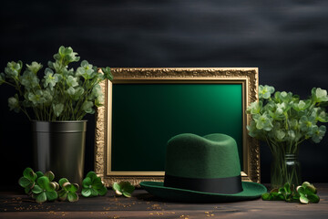 St patricks day background, chalcboard and green heat, clover leafs. High quality photo