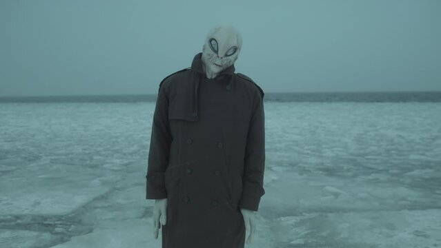 Alien in trench coat standing alone on frozen lake on gloomy winter day, tilting his head and looking at camera curiously