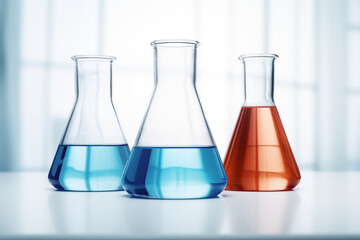 Erlenmeyer flask laboratory glassware, white lab bench red blue liquid equipment for scientific...