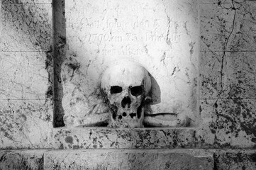 Skull on a gravestone, the inscription dates from 1796, old south cemetery, Munich, Bavaria, Germany