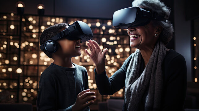 Two people, an adult and a child, wearing virtual reality headsets, experiencing and interacting with a digital world, signifying bonding and technological advancement.