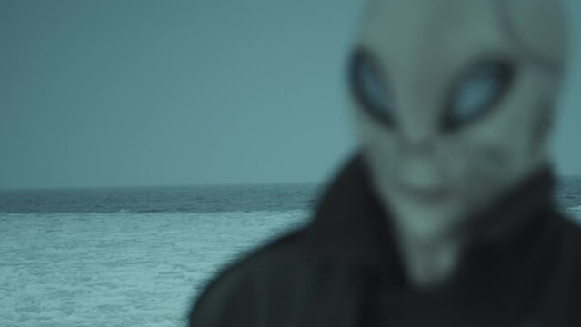 Alien standing outdoors on the shore of frozen lake on gloomy winter day and looking at camera, focus on the background