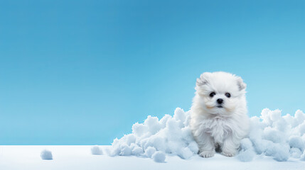 White Fluffy Puppy in Snowy Wonderland on Blue Background with Copy Space