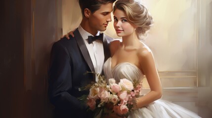 Romantic photo shot wedding couple hugging each other in studio. AI generated image