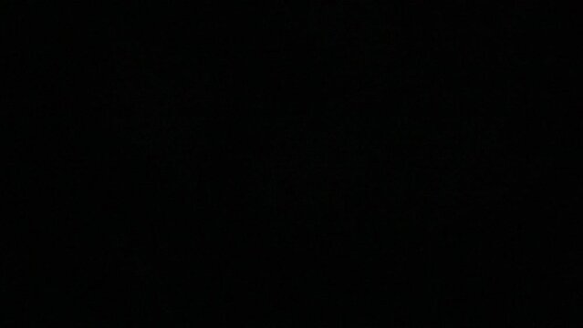 Alien with glowing eyes hiding in the woods at night when someone shining with a flashlight at him. Shaky camera shot