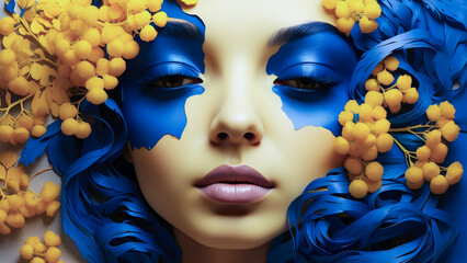 portrait of young woman with blue cut paper hair and yellow mimosa flowers - women's day concept