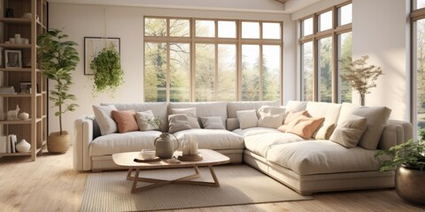 Rendered in , a living room with a cozy sofa and large window showcases diverse interior design.