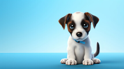 Cute Puppy with a Bow on Blue Background with Copy Space