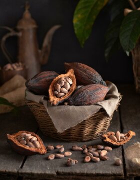 FRUTO DO CACAU ABERTO COM A POLPA FRESCA DISPOSTO EM UMA MESA DE MADEIRA R&Uacute;STICA NUMA FAZENDA EM ESTILO COMIDA ESCURA