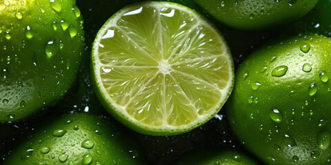 Closeup of Cut Lime and Whole Limes with Water Drops. Generative AI
