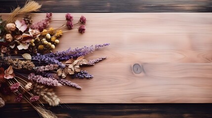 Fototapeta na wymiar Wooden Board with Dried Flowers and Leaves, Copy Space