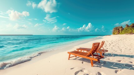 Fototapeta na wymiar Beautiful beach. Chairs on the sandy beach near the sea. Summer holiday and vacation concept for tourism. Inspirational tropical landscape