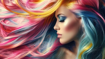 Beautiful woman with multi colored hair and creative make up and hairstyle. Beauty face.