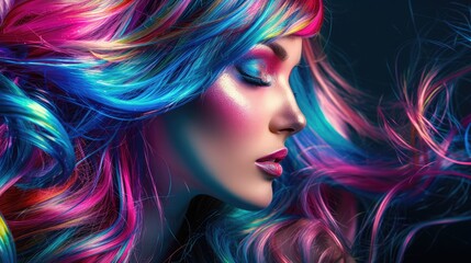 Beautiful woman with multi colored hair and creative make up and hairstyle. Beauty face.