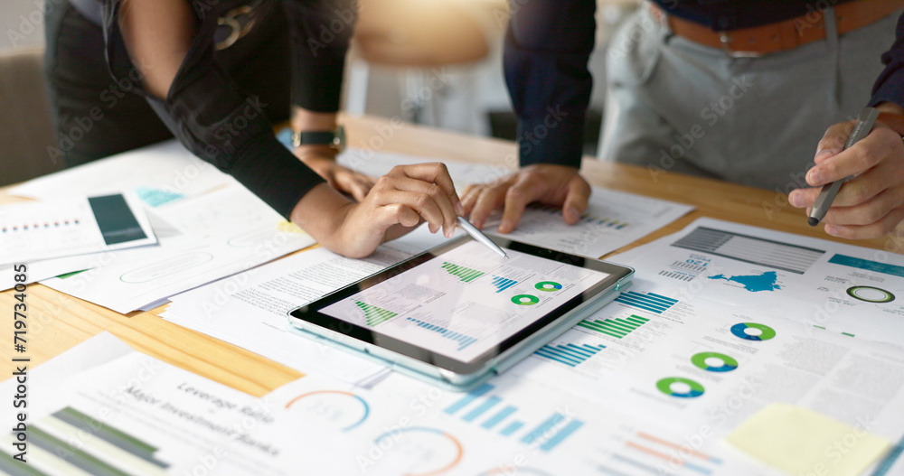 Aufkleber Business people, data analysis with tablet and paperwork, hands with online review in meeting and team with market research. Statistics, analytics dashboard and digital infographic with collaboration