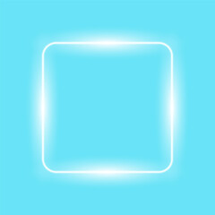 White neon square frame on blue background, simple minimal template, vector illustration.