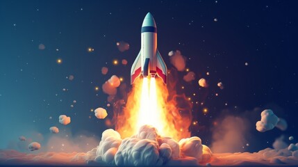 Powerful rocket is seen launching into the sky, surrounded by clouds. Startup concept