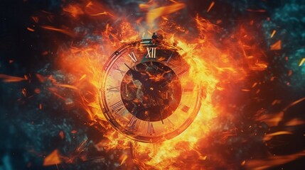 Clock on fire hands distorted as time burns away Ai Generative