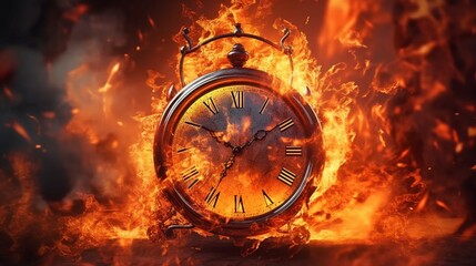 Clock on fire times burning end in fiery clock image Ai Generative