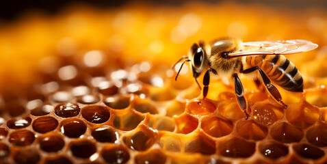 Close-up of bee on honeycomb - obrazy, fototapety, plakaty