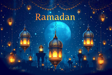 Fototapeta na wymiar Ramadan Kareem greeting card with mosque and lanterns, Generative Ai