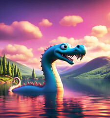 Cartoon Loch Ness Monster. Edited AI generated image. - 719737014