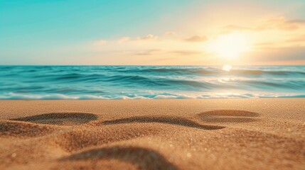 Fototapeta na wymiar Closeup of sand on beach and blue summer sky. Panoramic beach landscape. Empty tropical beach and seascape. Orange and golden sunset sky, soft sand, calmness, tranquil relaxing sunlight, summer