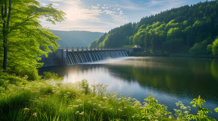A dam surrounded by lush greenery, capturing the relationship between renewable energy and nature