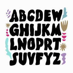 Hippie bohemian groovy postmodern funky font alphabet 1960s boho psychedelic. Perfect for posters, collages, clothing, music albums and more. Vector clipart illustrations, isolated letters. Matisse