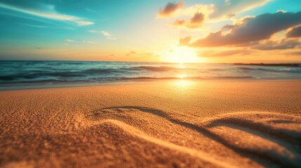 Closeup of sand on beach and blue summer sky. Panoramic beach landscape. Empty tropical beach and seascape. Orange and golden sunset sky, soft sand, calmness, tranquil relaxing sunlight, summer