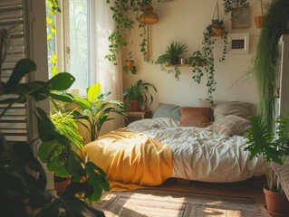 Cozy bright bedroom with indoor plants.Home interior design.Biophilia design,urban jungle concept.