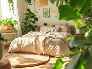 Cozy bright bedroom with indoor plants.Home interior design.Biophilia design,urban jungle concept.